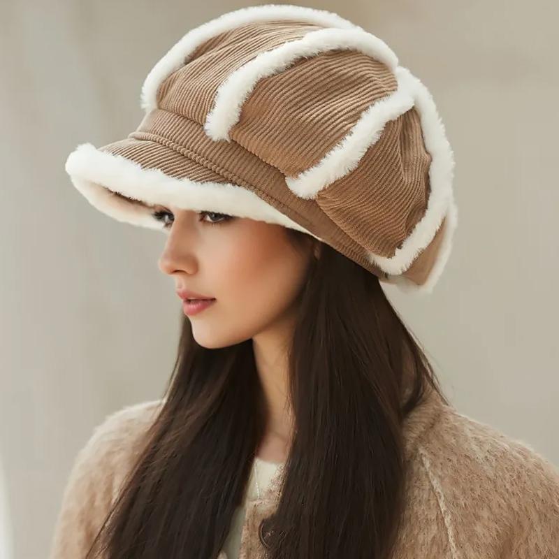 1PC Plush-Lined Gift Corduroy Material Versatile Beret Exquisite Thickened Design Warmth Accessories Elegant 56-58cm