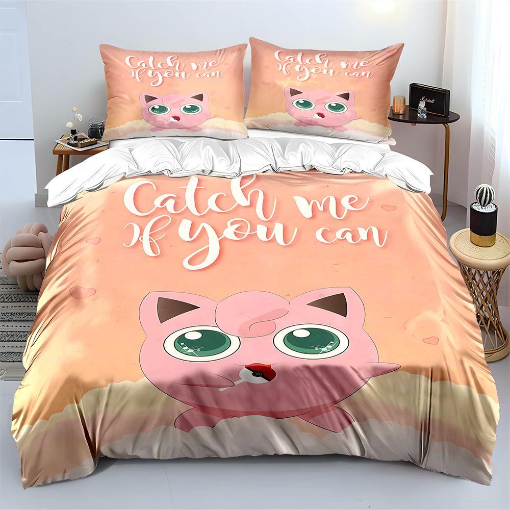 Pokemon Pummeluff 3-teiliges Bettwäsche-Set Kissenbezug Bettdecke für Erwachsene Schlafzimmer-Bettwäsche-Set Bettbezug Bettdecke Heimdekoration Steppdecke