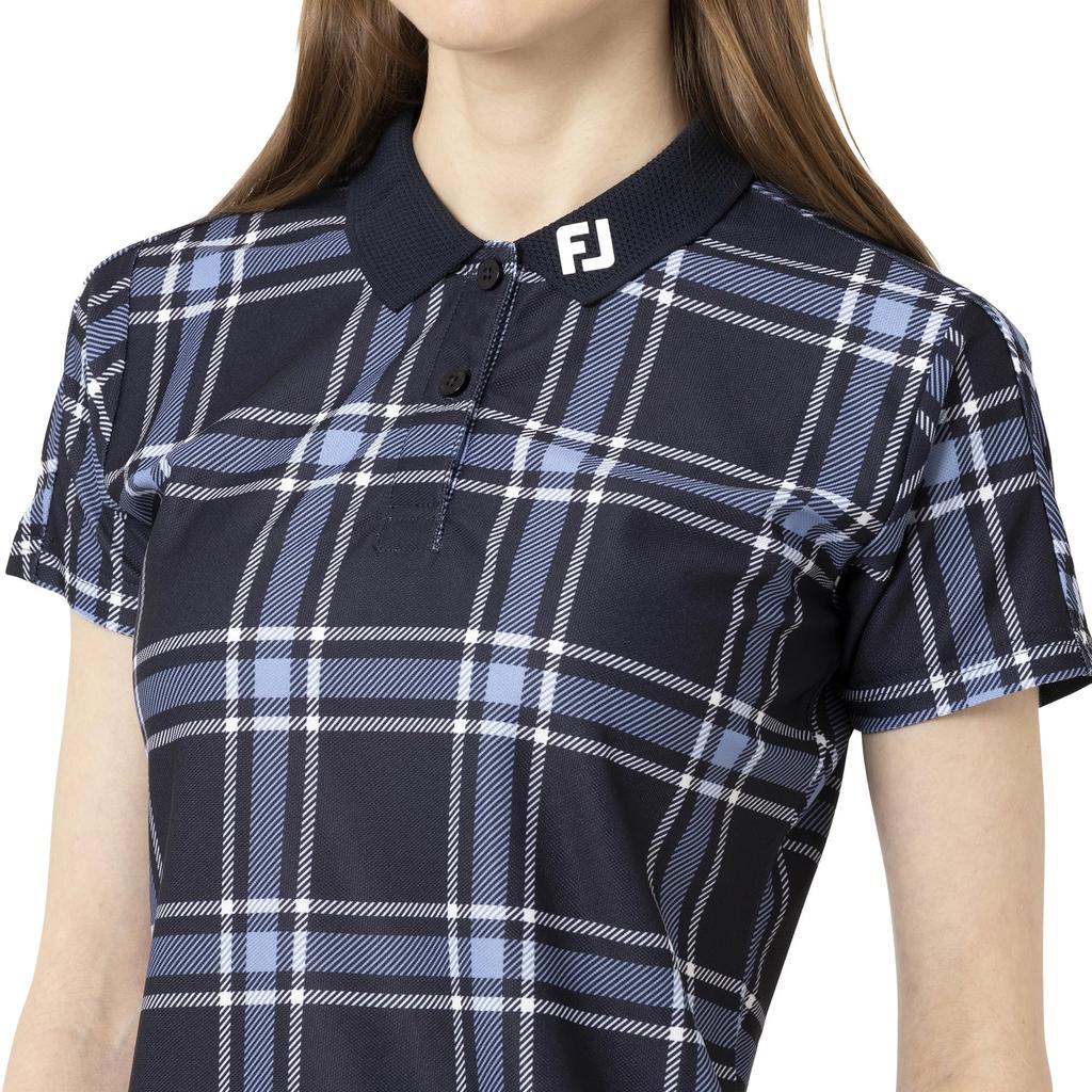 FootJoy Women's Check Print Short Sleeve Pique Polo Shirt, Dark Navy, Size M (FJW-S25-S04, 34824-M)