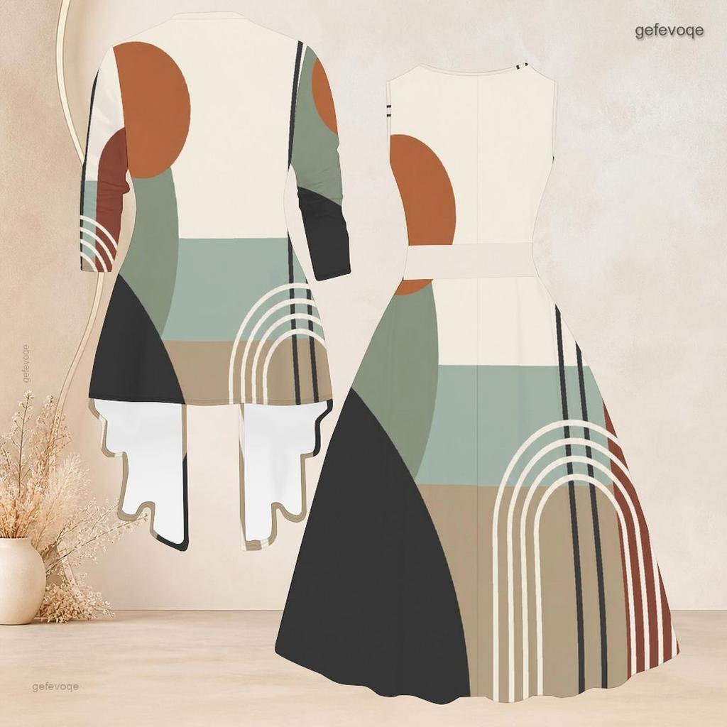 Damski dwuczęściowy zestaw Plus Size z nadrukiem abstrakcyjnej twarzy, kardigan 3/4 z otwartym przodem, bez rękawów, sukienka rozkloszowana z wiązaniem w talii
