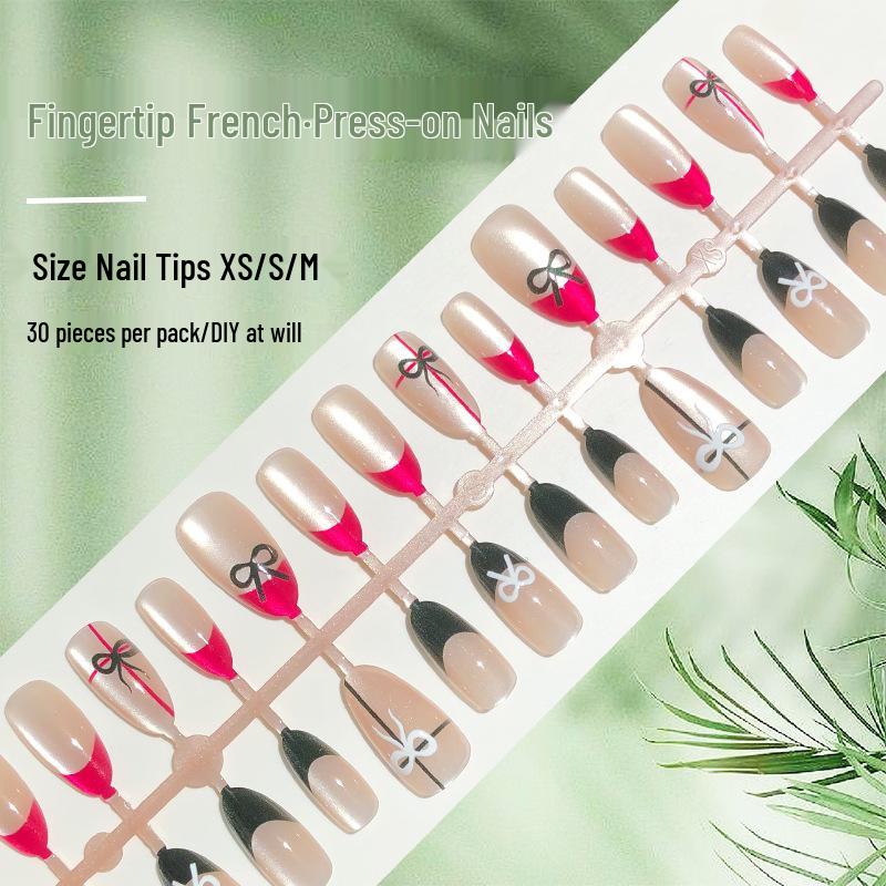 

Handmade French Almond Cat Eye Nails, Black & Red with Bow, 30-Piece Set