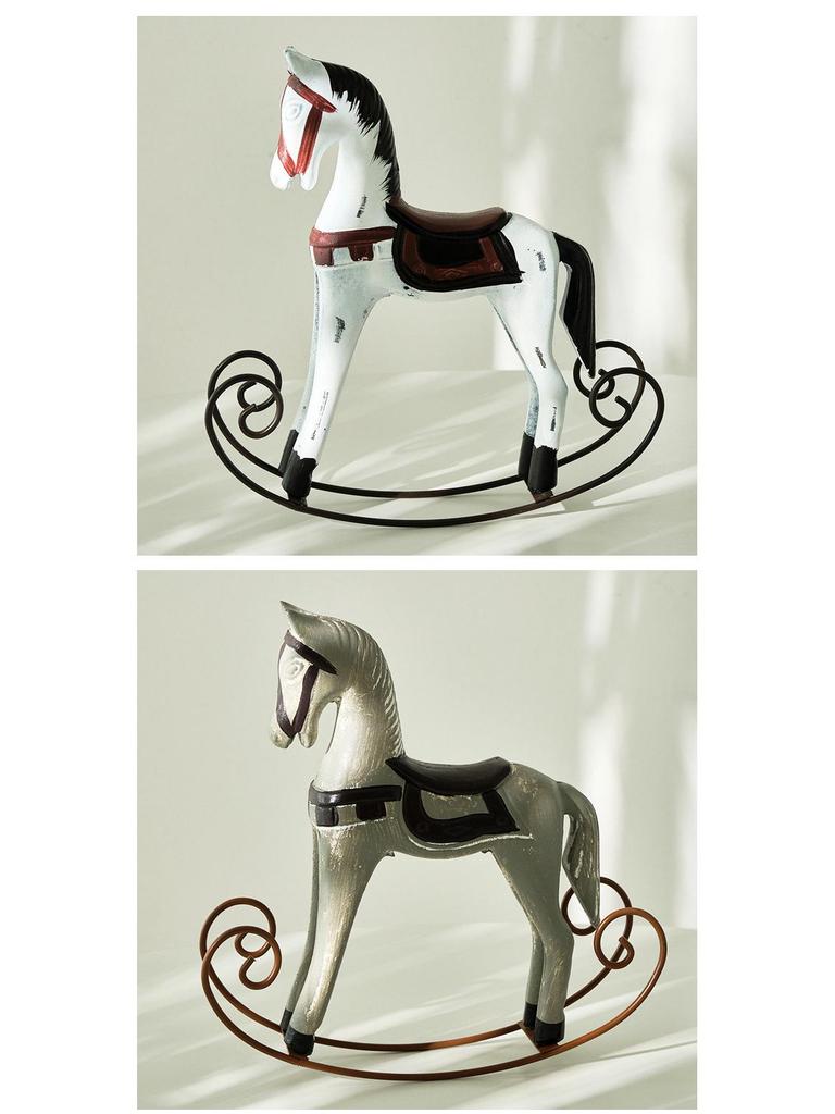 Nordic Retro Distressed Wooden Rocking Horse Ornament for Home and Children's Room Decor.