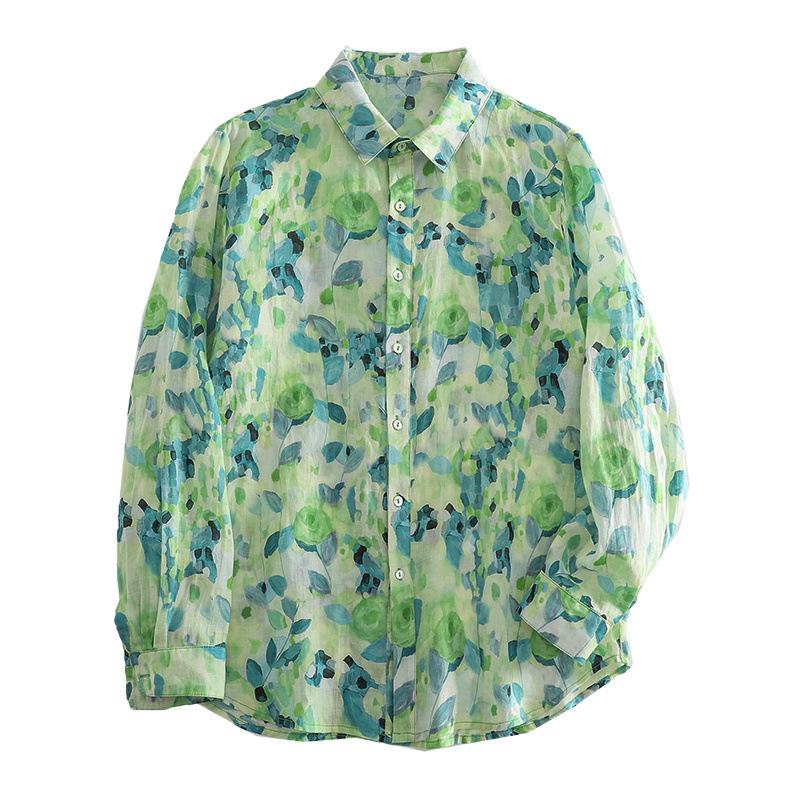 2025 Spring Green Floral Lapel Shirt for Women – Lightweight, Versatile & Loose Fit