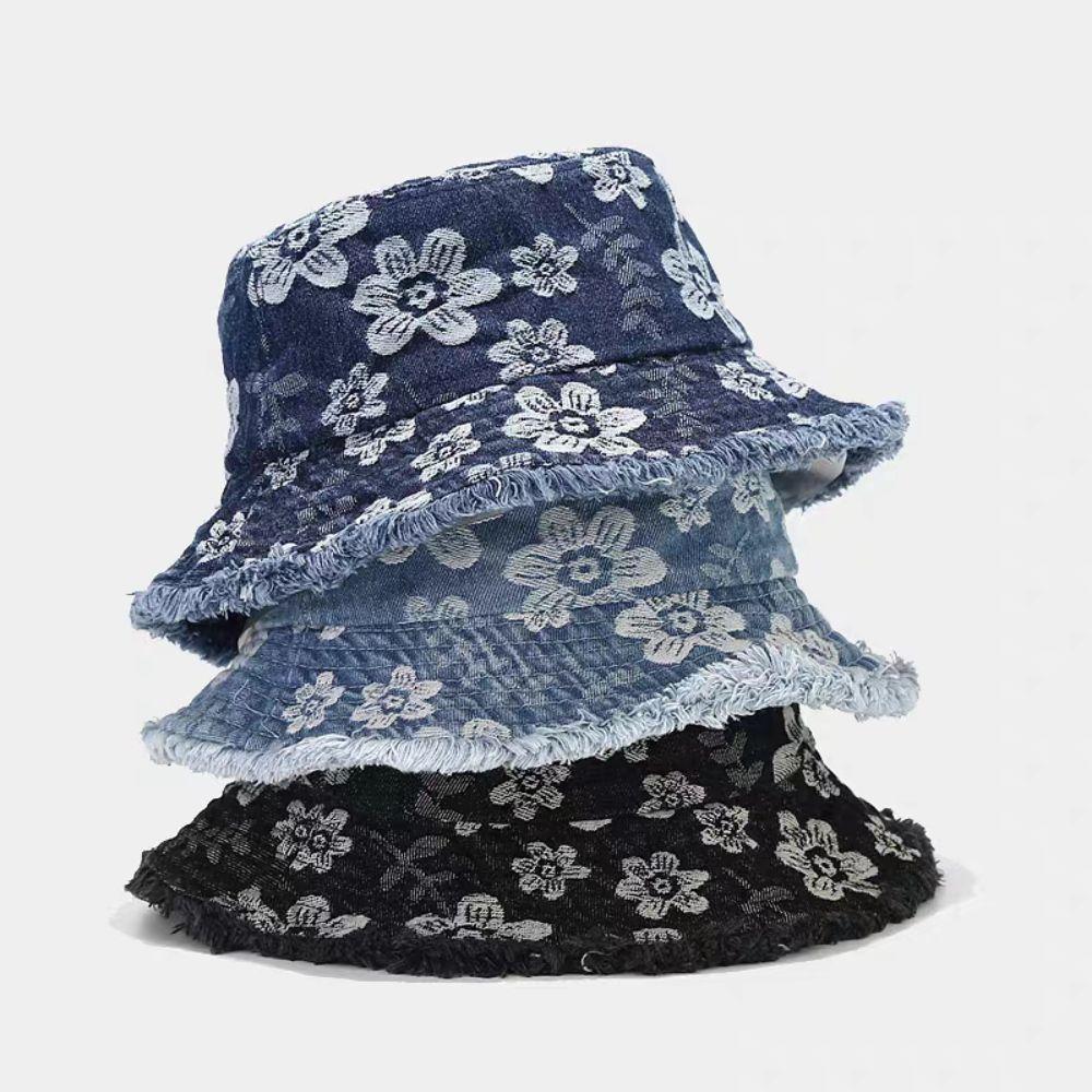 Washed Cowboy Bucket Hats Flower Embroidered Sunscreen Sun Cap Retro Denim Fisherman Hat  Holiday