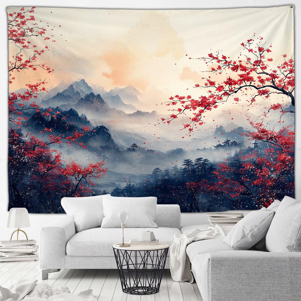Asian Style Landscape Tapestry Nature Scenery Forest Waterfall Bedroom Living Room Home Wall Hanging Decor Natural Tapestry