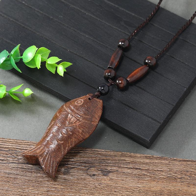 Hand-carved Mahogany Necklace Retro Femininity Long Autumn and Winter Sweater Chain Cotton and Linen Accessories
