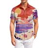 Mens Short Sleeve Collared Shirt with Beach Print Casual Button Down Lightweight Summer Outdoor Top