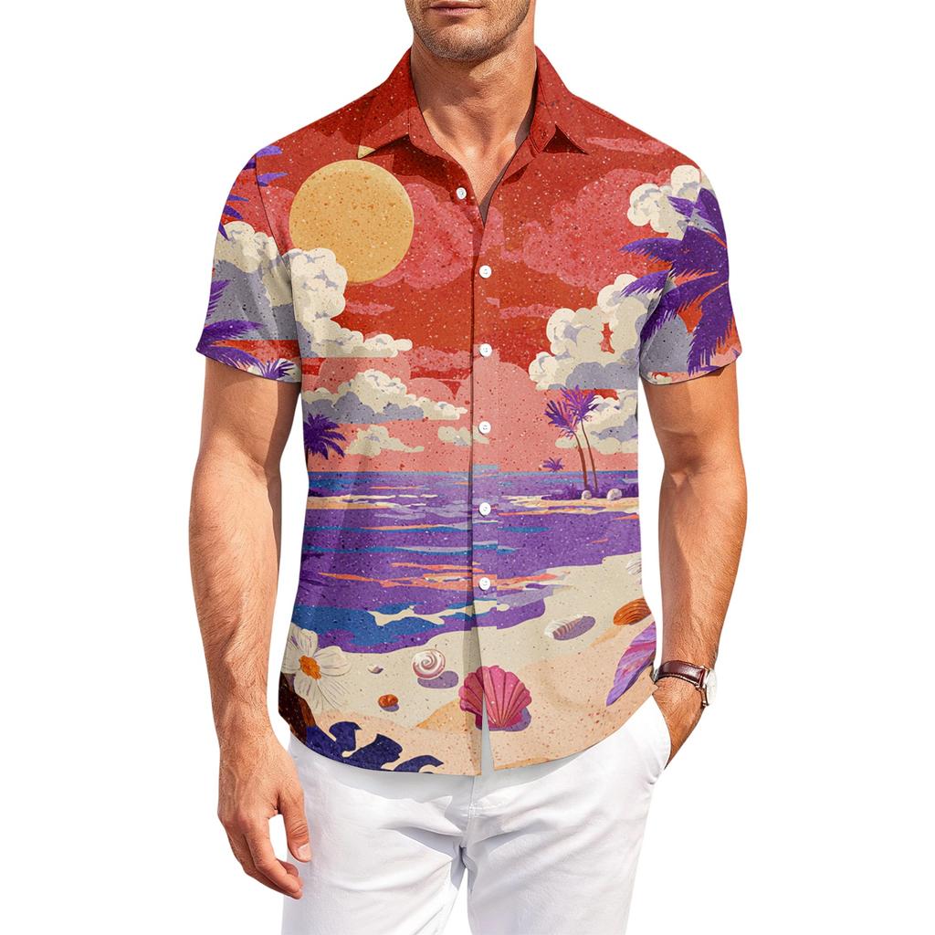 Mens Short Sleeve Collared Shirt with Beach Print Casual Button Down Lightweight Summer Outdoor Top