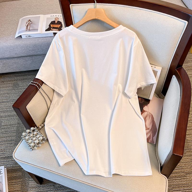 Women's Plus Size Loose Fit Mid-Length Short-Sleeve Round Neck T-Shirt (Sizes 200-350 Jin)