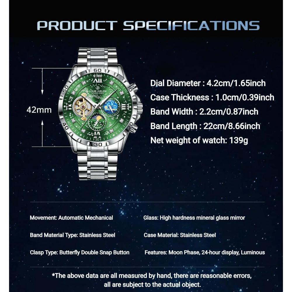 Luxury Automatic Mechanical Men Watch Fashion Moon Phase Business Watches Hollow Tourbillon Stainless Steel Men Wristwatch