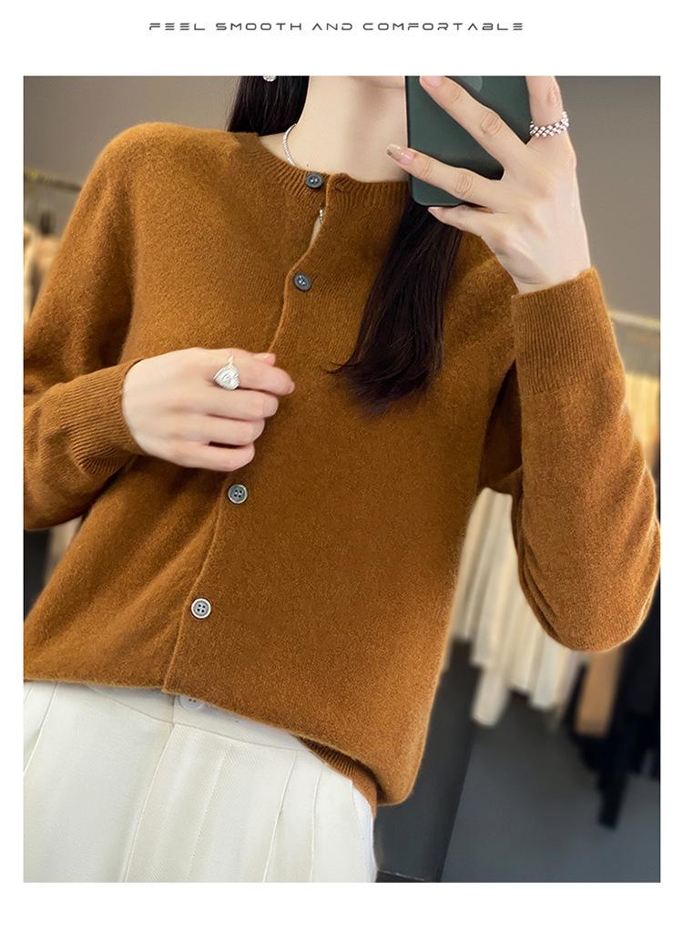 Women's Pure Wool Slim-Fit Cardigan: Warm, Thickened, Round Neck, Knitted Sweater for Autumn and Winter