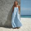 Women's Spaghetti Strap Maxi Dress Blue Vertical Stripe Side Pockets Beach Holiday Dress