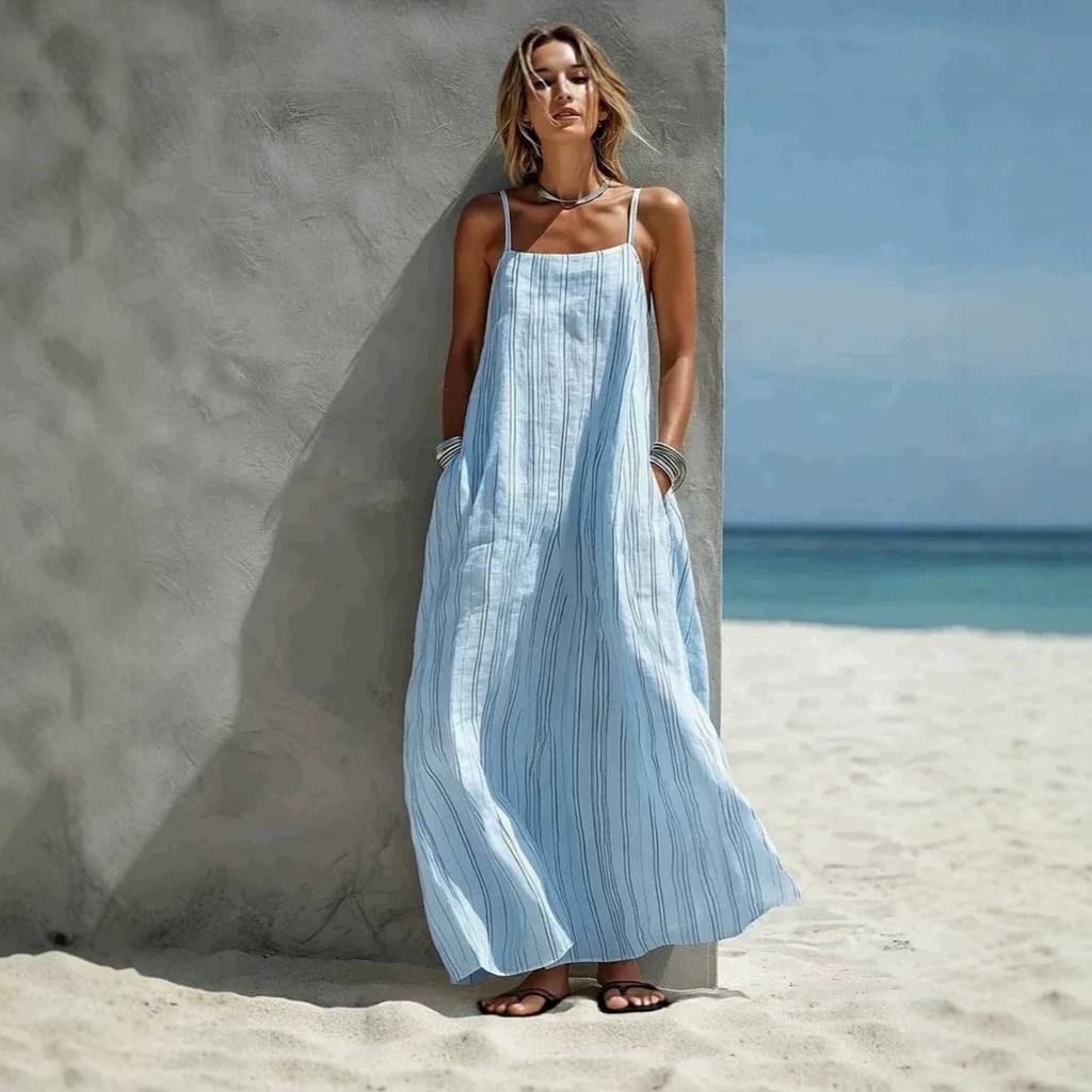 Women's Spaghetti Strap Maxi Dress Blue Vertical Stripe Side Pockets Beach Holiday Dress