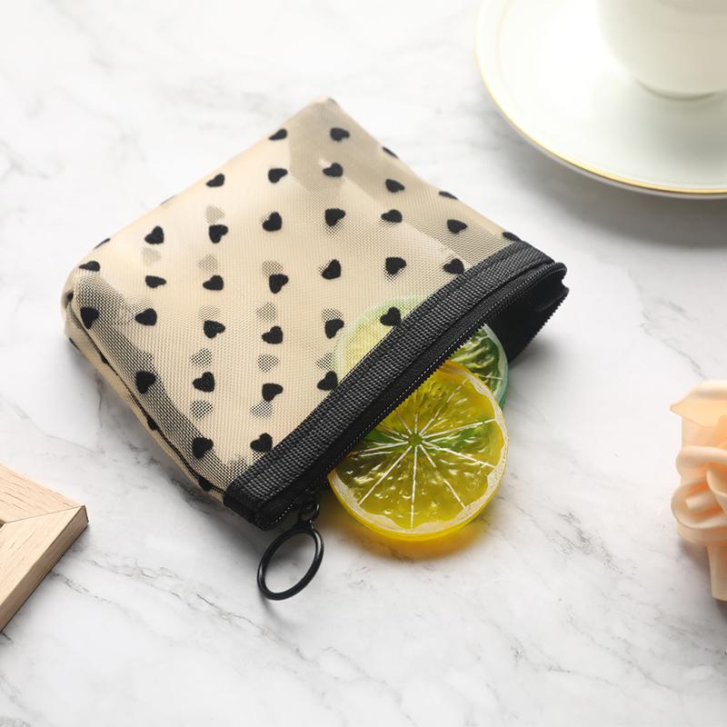 Mesh Cosmetic Makeup Bags Case Holder Zipper Heart Printed Pencil Case Pouch