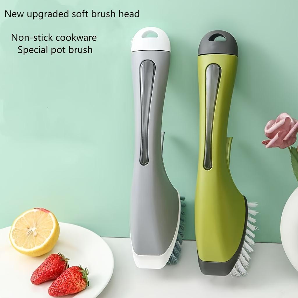 Upgraded Liquid-Filled Cleaning Brush Press with Soap Dispenser ,Non Stick Cookware Safe, Stainless Steel Bristles,