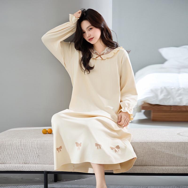 Nattlinne för gravida i koreansk stil för kvinnor, 100% ren bomull, antibakteriellt, långärmat - Lös passform för höst/vinter/vår