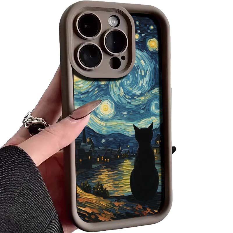 Starry Sky Black Cat Back iPhone17Promax Mobile Phone Case Ladder Suitable for Apple 16promax All-inclusive Tianyan