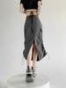 Cargo Midi Skirt Women Summer Slim High Waist Slit A-line Skirt Stitching Drawstring Female Streetwear Vintage Y2K Grey