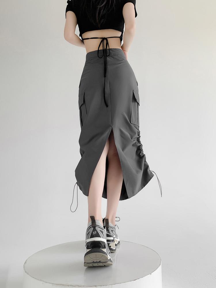 Cargo Midi Skirt Women Summer Slim High Waist Slit A-line Skirt Stitching Drawstring Female Streetwear Vintage Y2K Grey
