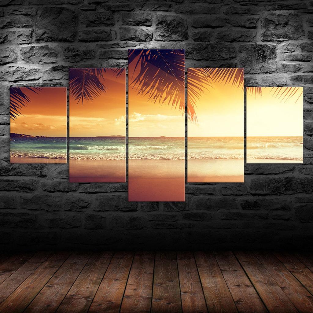 Tropical Beach Palm Tree Sunset Seascape 5 Piece Five Panel Wall Canvas Print Modern Art Poster Picture Home Decor Gift For Him For Her