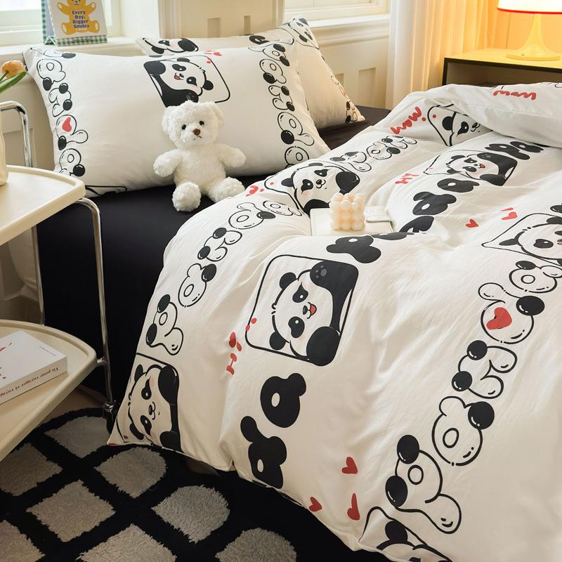 Small Clear Four-piece Set of Washed Cotton Sheets, Quilt Cover Three-piece Set of Bedding