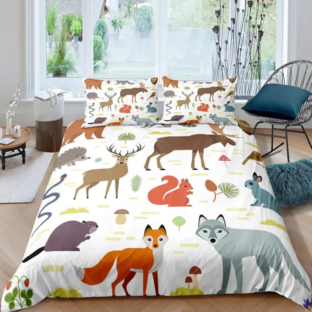 Comforter Cute Forest Animals Theme S King Size Fox Deer Rabbit Owl Hedgehog Flowers Comforter Set 2/3Pcs Bedding Set