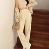 Women's Solid Elastic Waist Corduroy Wide Leg Pants Casual Sports Long Plush Trousers