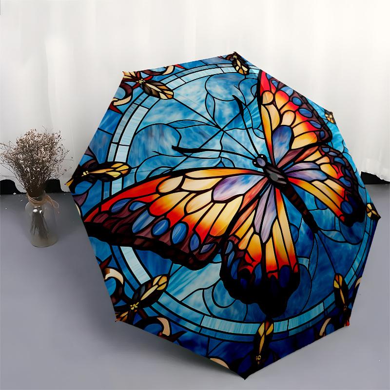 Stunning Butterfly Stained  DecorUmbrella, Portable 3-Fold Compact Umbrella,Christmas Gift ES531