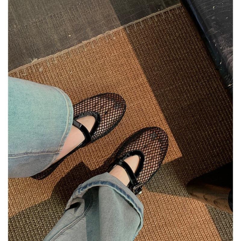 Leather Hollow Mesh Sandals Women's Summer One-word Buckle with Round Head Flat Bottom Shallow Mouth Mary Jane Single Shoes
