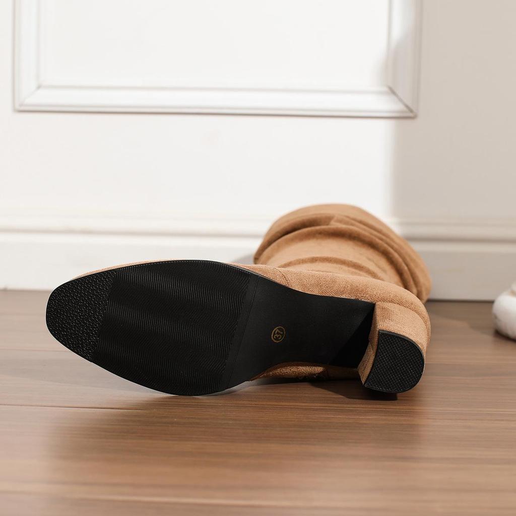 Slimming Women's Plus Size Suede Long Boots with Zipper - Solid Color, Small Square Toe for Autumn & Winter