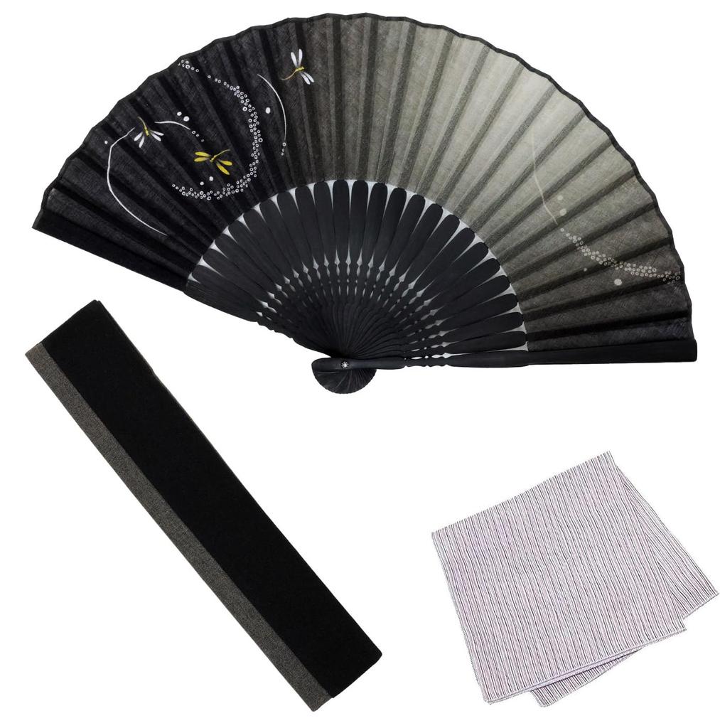 Stylish Business Fan with Fan Bag and Handkerchief Mai Tonbo [Osaka Choseido] Men's Set, (Black)