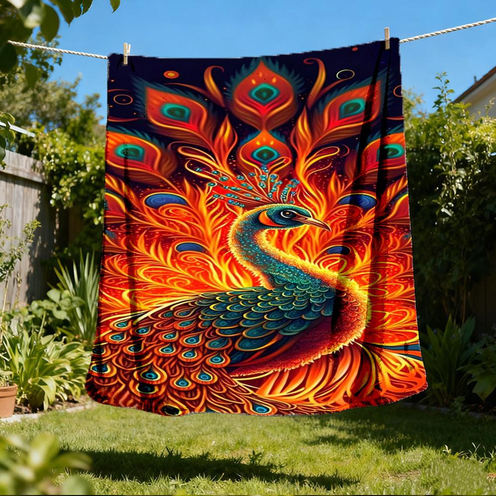 1pc Peacock Feather Print Print Outdoor Blanket, Lightweight Polyester, 80x120cm