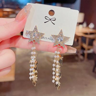 Silver Needle Super Flash Five-pointed Star Earrings Feminine Versatile Fringed Pearl Earrings Temperament Earrings Tide