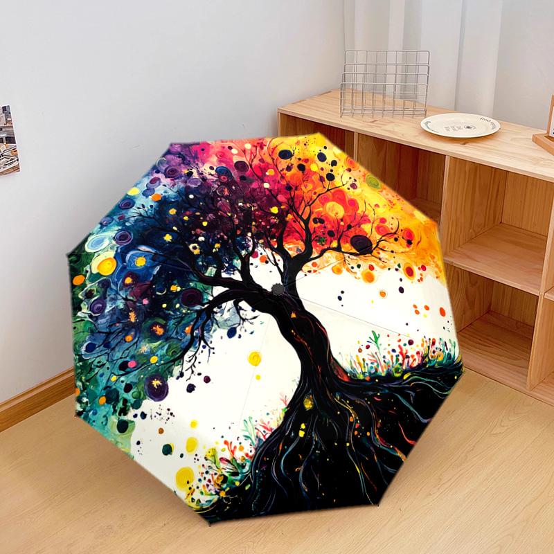 1 PC Automatic Folding Umbrella - Colorful Tree Pattern, Portable & Foldable Design with 8 Ribs, Christmas Birthday Gifts