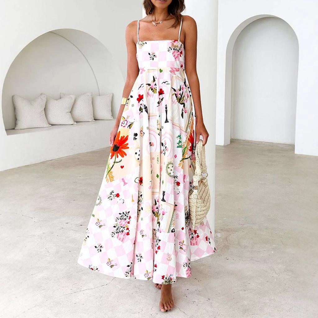 Summer Women's Elegant Printed Elastic Back Dress Vacation Styles French Floral Halters Long Dresses