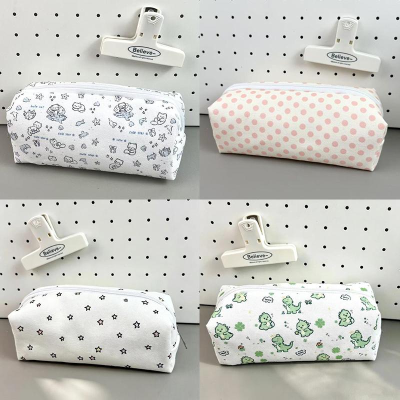 Canvas Pencil Case Polka Dot Bow Cat Star Print Sturdy Zipper Perfect For Students Daily Stationery Storage