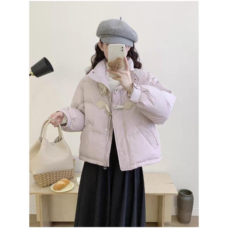 Cream Yellow Horn Buckle Down Jacket Women's Short Light and Small Design Sense White Duck Down Stand-up Collar Bread Jacket