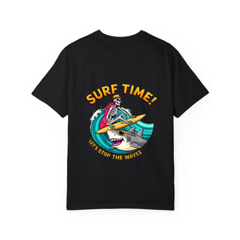 Surf Time T Shirt White Skeleton Surfing Shark Design with Text Surf Time Lets Stop The Waves Summer Beach Casual Wear