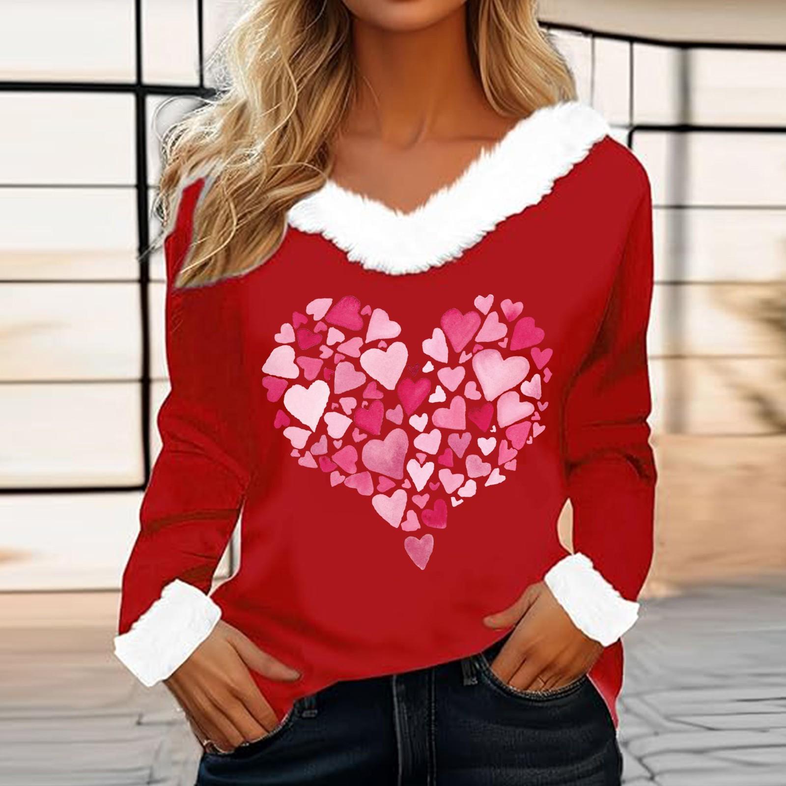 

Женская футболка с принтом ко Дню святого Валентина, рубашка с длинными рукавами, шерстяной воротник, топ с V-образным вырезом и надписью «Любитель вечеринок» XL арбуз красный