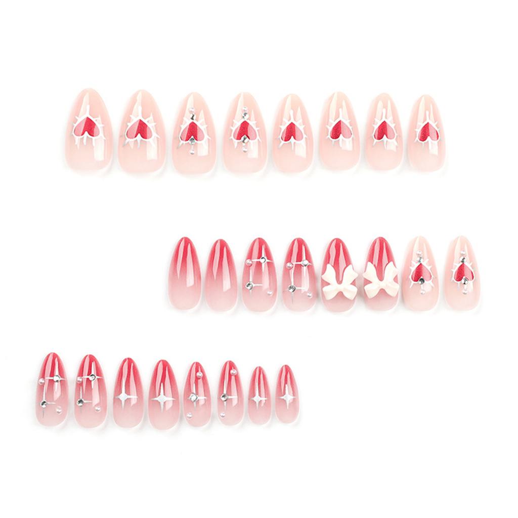 24Pcs Gradient Rhinestone Fake Nails with Red Heart Pearl Bowknot Decor for Party Wedding