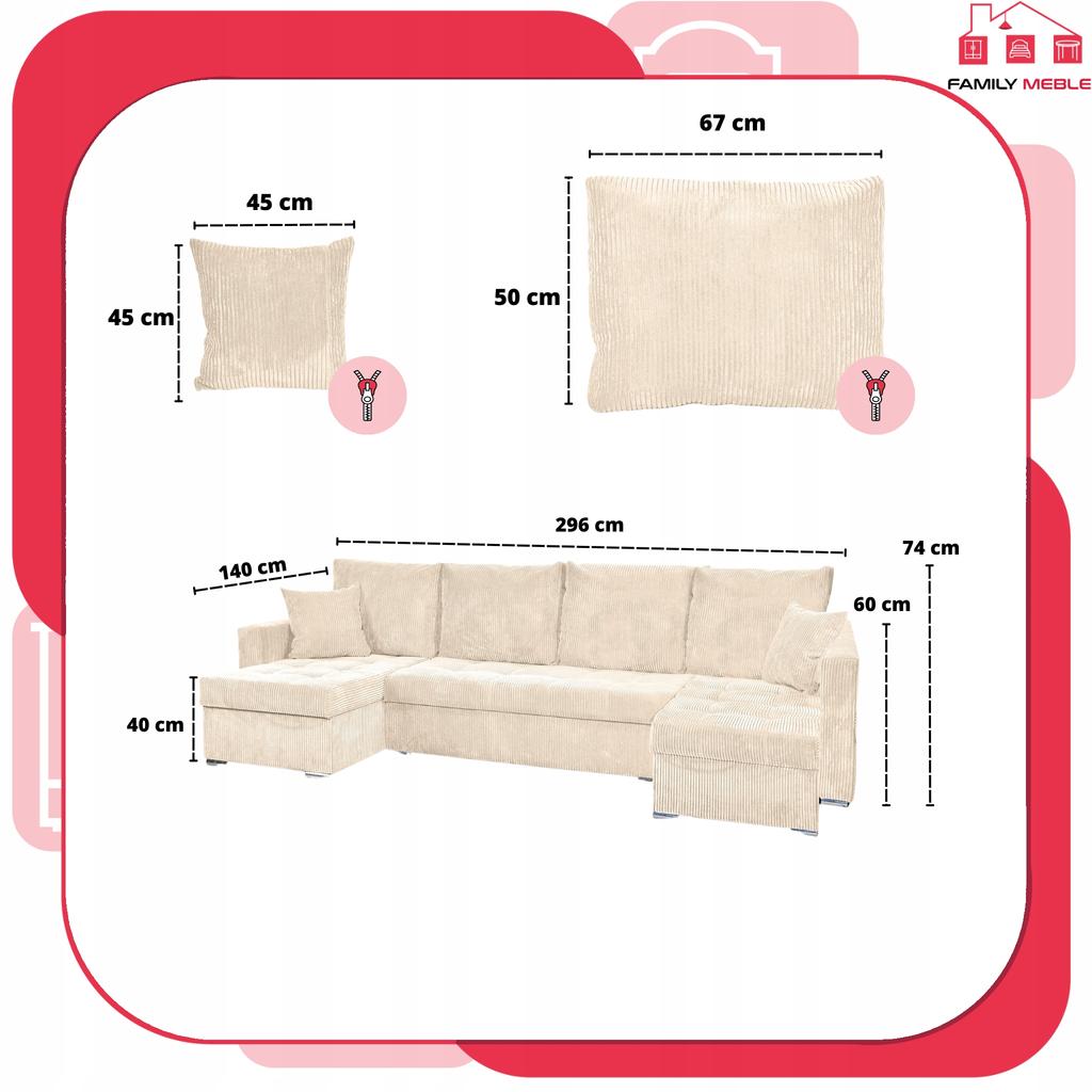 Bonito BIG Corner Sofa Bed with Sleeping Function Family Meble Corduroy Beige