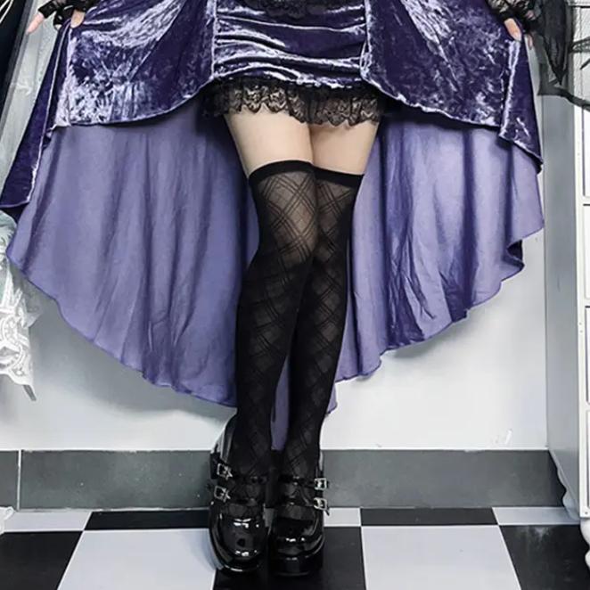 Gothic Women S Stockings 15D Transparent Diamond Patterned Long Tube Socks Black High Tube Stockings Japanese Jk Costumes Medias one size