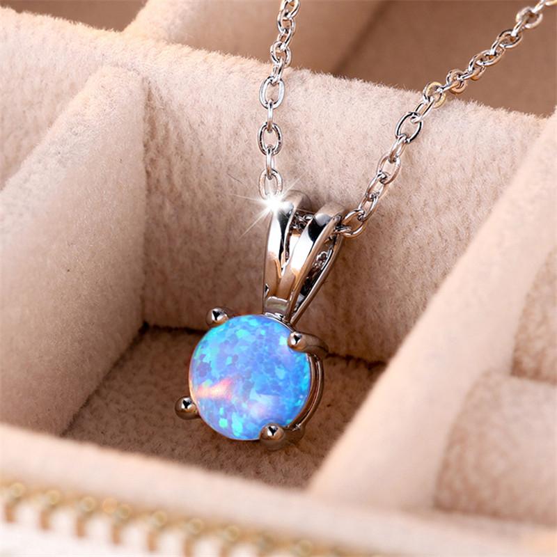 Cute Female Small Round Fire Opal Stone Pendant Necklace Vintage Silver Color Wedding Jewelry Gift For Women