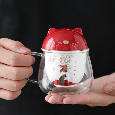 Cute Cat Heat-Resistant Glass Teacup – Borosilicate Tea Mug with Lid & Filter