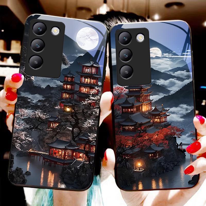 Gebäude im alten Stil für Y72 33S 11 03 36 96 Lite 35 16 Iqoo 12 V40 SE 5G 29 40 21 30 X80 Pro Vivo Handyhülle aus gehärtetem Glas Schwarz