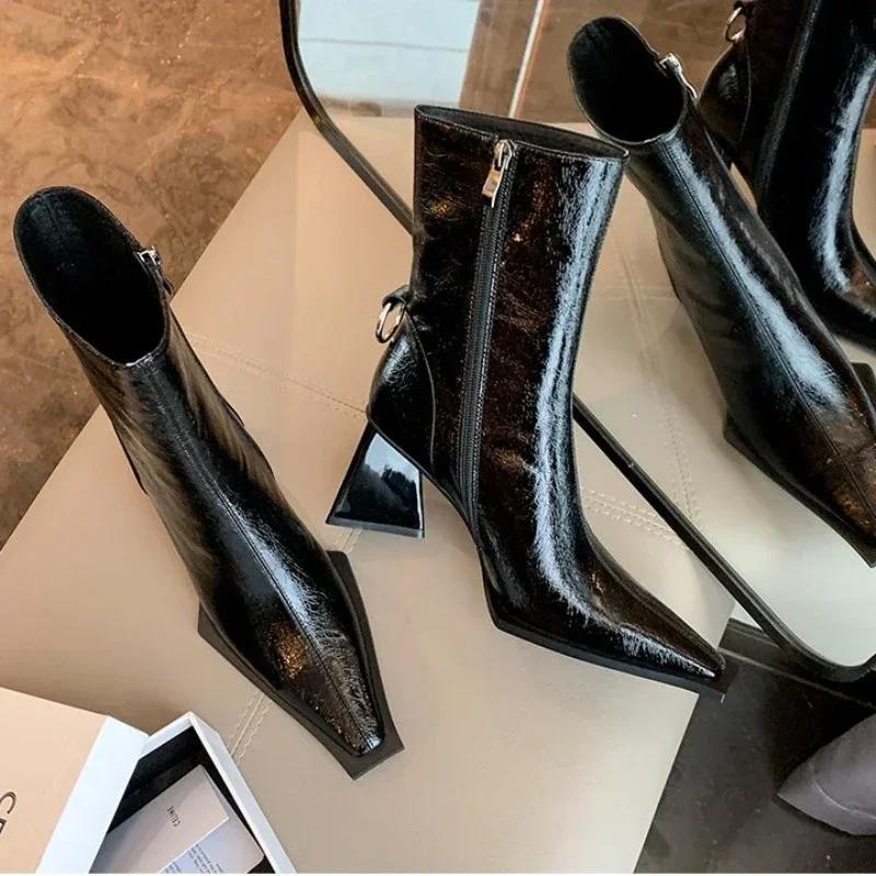 2024 Autumn New Small Square Head Thick High Heel Short Boots Riding Boots High Heels Fashion Boots Shaped Triangle Heel 35-40