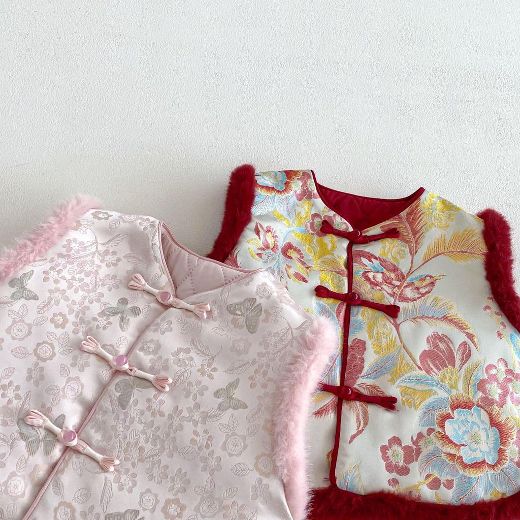 2025 Children's Chinese New Year Retro Jacquard Padded Vest – Winter Outfit for Girls
