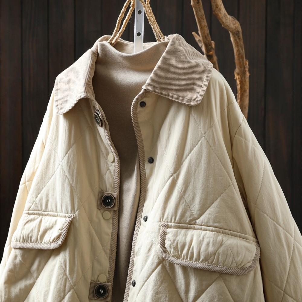 Johnature Women Vintage Turn-down Collar Solid Color Winter Coats Long Sleeve Button Warm Coats