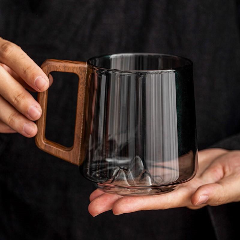 Guanshan Glass Single-Layer Side Wooden Handle Drinking Cups Household Large-Capacity Milk Tea Juice Single-Layer Cup