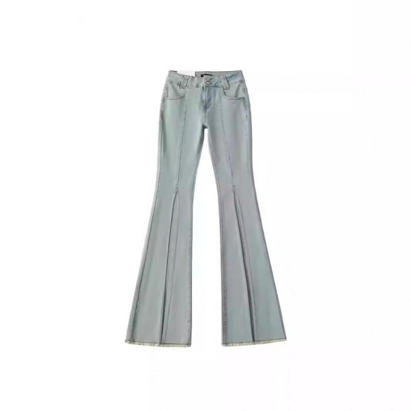 Womens High Waist Vintage Washed Stretch Denim Pants Straight Leg Flared Jeans